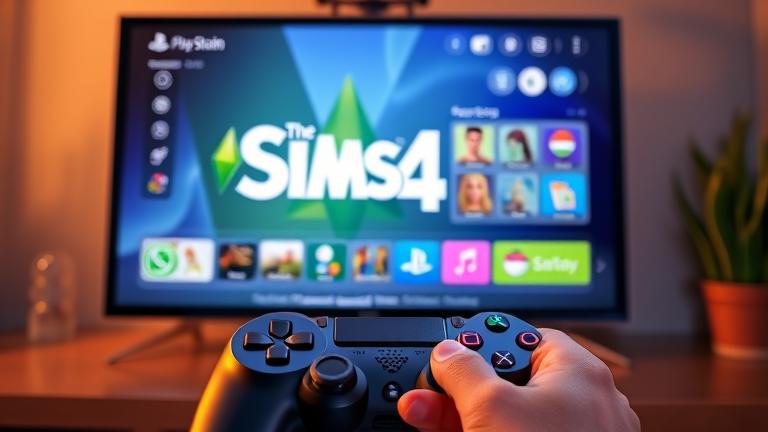 alt_text: PS4 with Sims 4 menu, controller, custom content icons, user navigating CC addition.