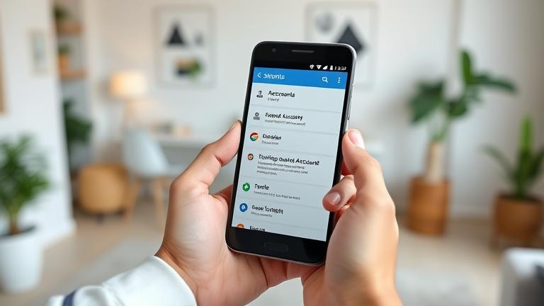 alt_text: Person holds Android phone showing account settings in a modern, cozy environment.