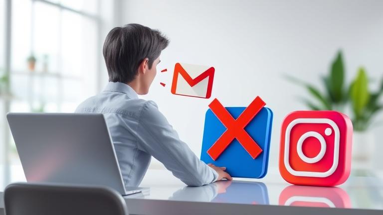 alt_text: Person managing email and social media on a laptop, with icons showing disconnection.