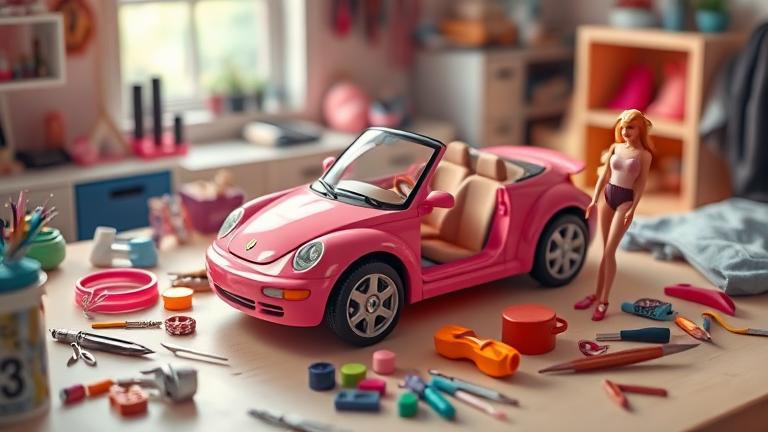 alt_text: Barbie transforming into a tiny, detailed car with craft tools on a creative work table.