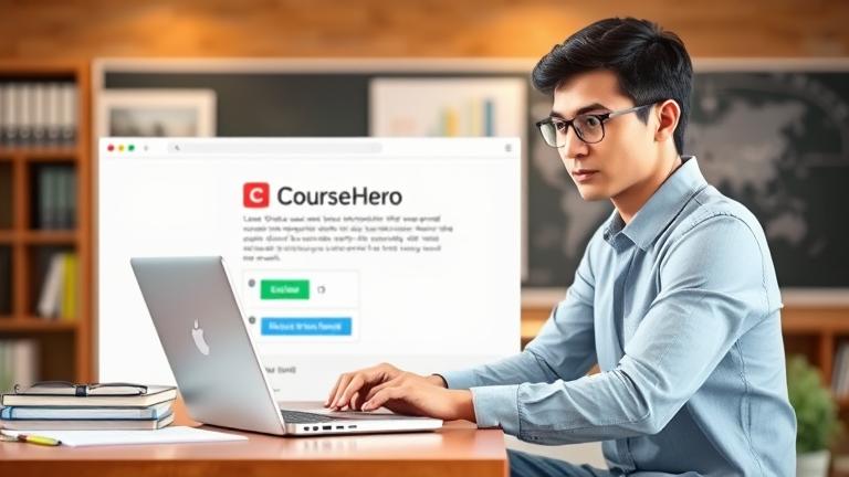 alt_text: Person at desk reactivating Course Hero account, studying with laptop and notes.
