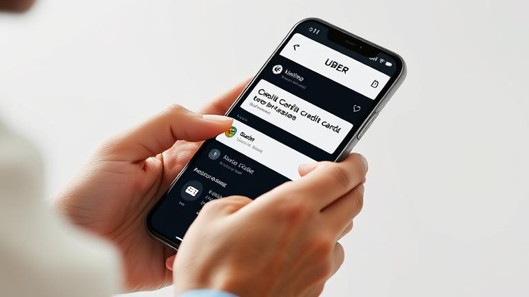 alt_text: Person updating credit card info on Uber app via smartphone in a clean, professional setting.