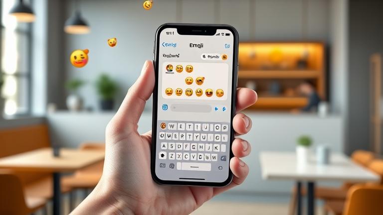 alt_text: Person holding iPhone with emoji keyboard in a modern café setting, floating emojis visible.