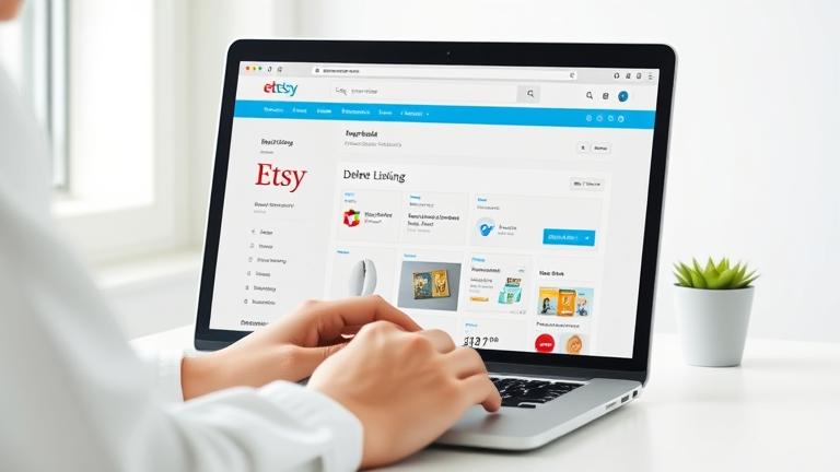 alt_text: Person managing Etsy shop, focusing on deleting a listing on a laptop in bright, modern setting.