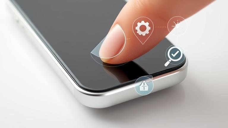 alt_text: Close-up of iPhone with touch response, icons for troubleshooting, sleek modern background.