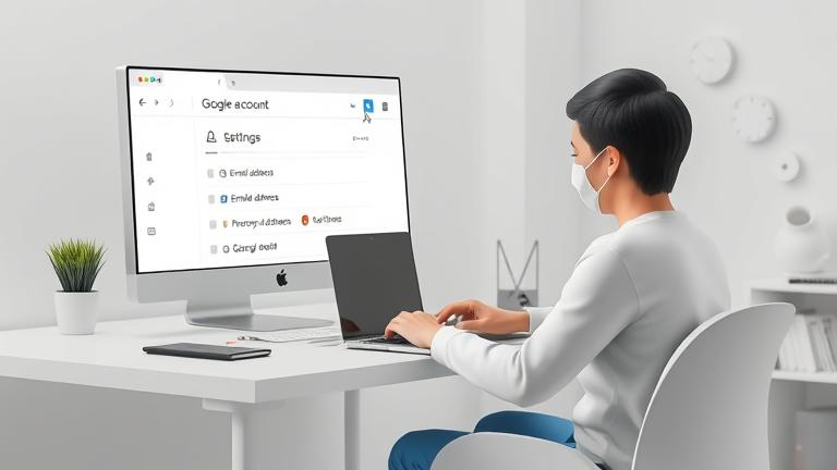 alt_text: Person at desk managing Google account, focusing on email removal in a modern workspace.