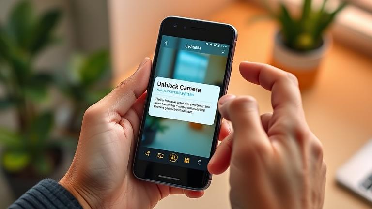 alt_text: Android phone with camera permission prompt, held by a person, in bright, modern colors.