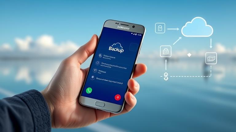 alt_text: Person holding Samsung phone showing backup options, with cloud icons and secure background.