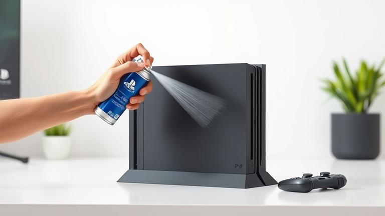 alt_text: Person cleaning PS4 fan with compressed air in a modern gaming setup.