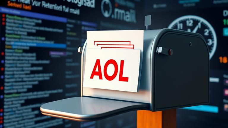 alt_text: AOL mailbox with fading emails, clock, and digital inbox, symbolizing email storage duration.