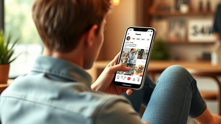 alt_text: Person browsing Instagram on device, reviewing viewed posts in a cozy, modern setting.
