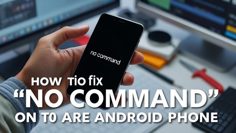 alt_text: Person holding a phone with "No Command" screen, tech tools in background, troubleshooting scene.