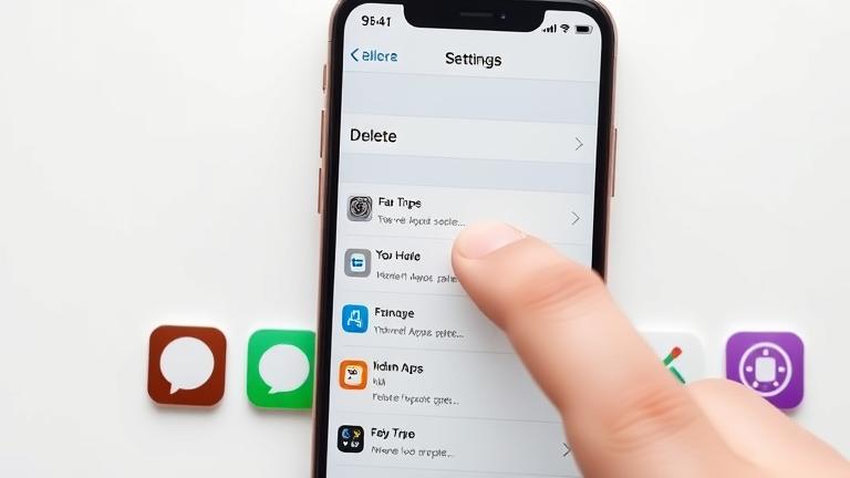 alt_text: iPhone Settings with hidden apps visible, finger ready to delete a purchase.