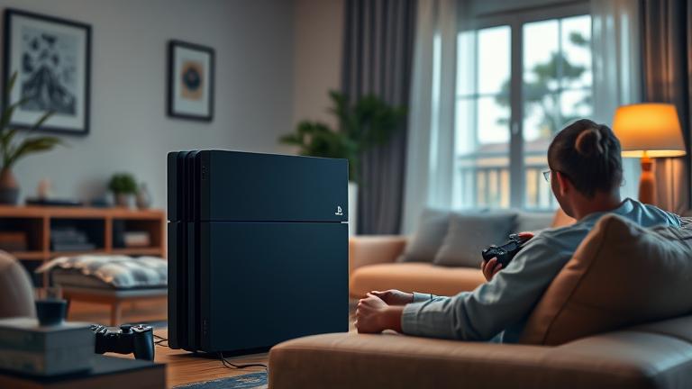 alt_text: Person inspecting a PS4 in a cozy room, highlighting noise reduction for quiet gaming.