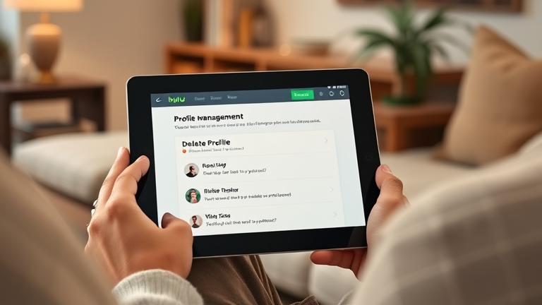 alt_text: Person manages Hulu profiles on a cozy sofa, highlighting "Delete Profile" option.