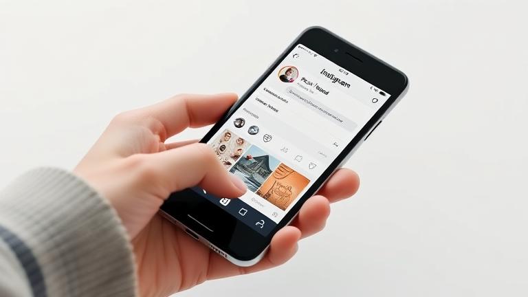 alt_text: Smartphone showing Instagram profile with liked posts, user scrolling, modern background.