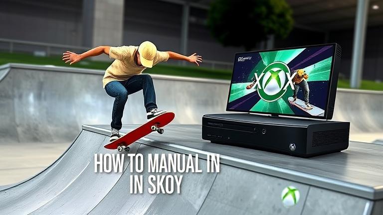 alt_text: Skateboarder doing a manual trick at a skatepark with Xbox 360 console in background.