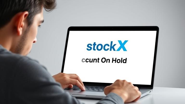 alt_text: Frustrated user looks at device with StockX logo and "Account On Hold" alert, conveying concern.