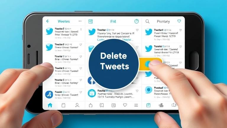 alt_text: Smartphone screen showing bulk delete options for tweets with a user's hand.
