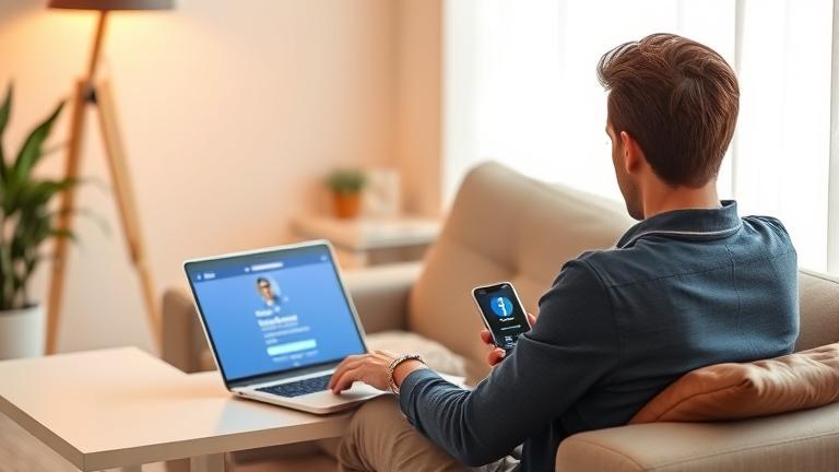 alt_text: Person using Facebook on laptop, navigating settings to delete the account in a friendly scene.