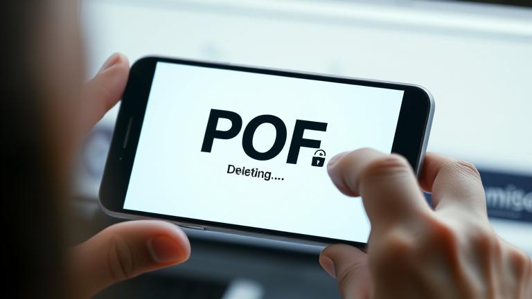 alt_text: Smartphone screen shows POF app closing, symbolizing account deletion and new beginnings.
