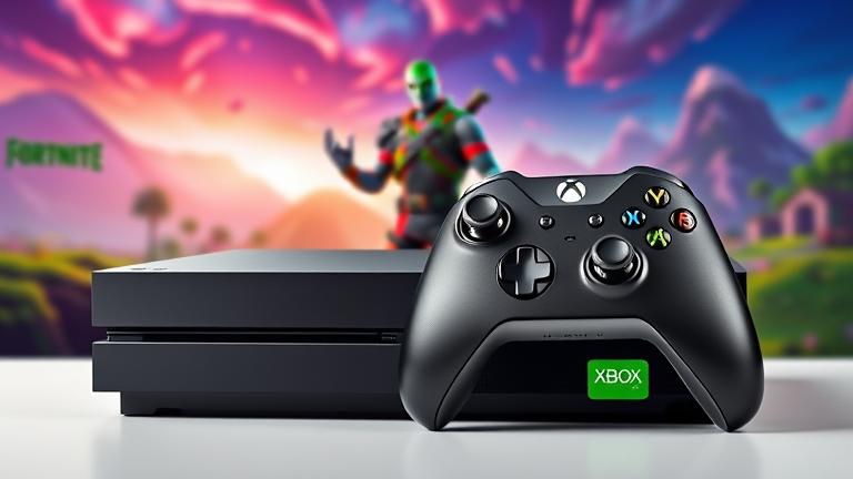 alt_text: Xbox console and controller with Fortnite scene and exclusive skin in vibrant action background.