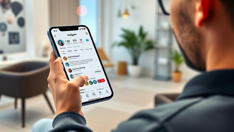 alt_text: Person managing Instagram unfollows on futuristic smartphone in a sleek, stylish setting.