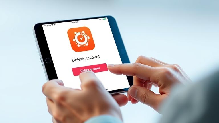 alt_text: Person deletes Evony account on device with app logo and "Delete" button displayed.