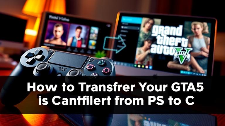 alt_text: PS4 controller, PC monitor with GTA V character menu, transfer arrow—gaming transfer guide.