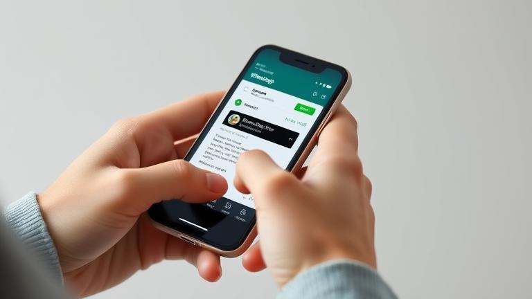 alt_text: Person copies a WhatsApp status on their smartphone in natural lighting.