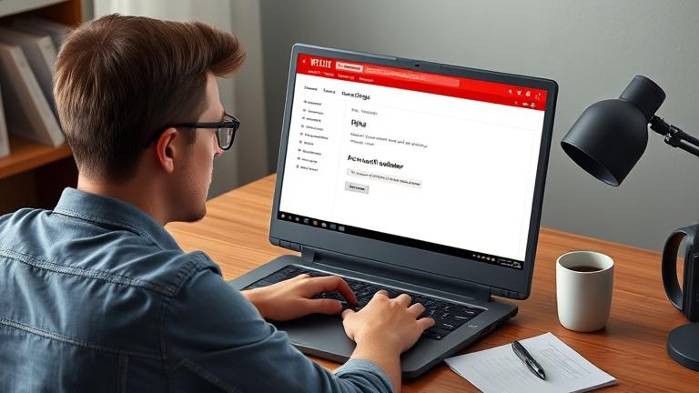 alt_text: Person at desk with laptop viewing account info, concerned about privacy and security.