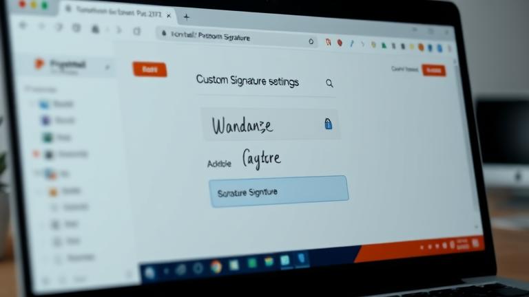 alt_text: ProtonMail screen showing signature settings with a digital signature in a professional setup.