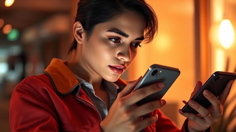 alt_text: Person confidently messaging on phone with social cues, evoking intrigue and empowerment.