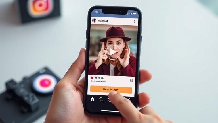 alt_text: Smartphone screen showing Instagram story with reel, "Share to Story" button, hand tapping.