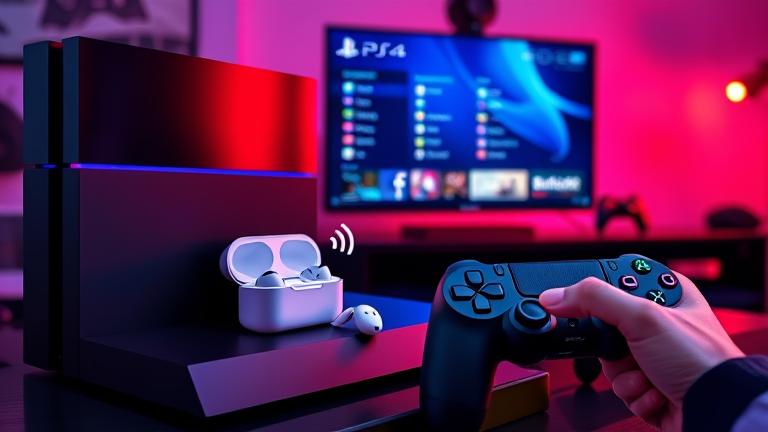 alt_text: Person pairs AirPods wirelessly with PS4 in a vibrant gaming setup, no dongle needed.