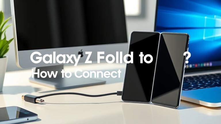 alt_text: Galaxy Z Fold 2 connects seamlessly to a PC in a sleek workspace, showcasing tech integration.