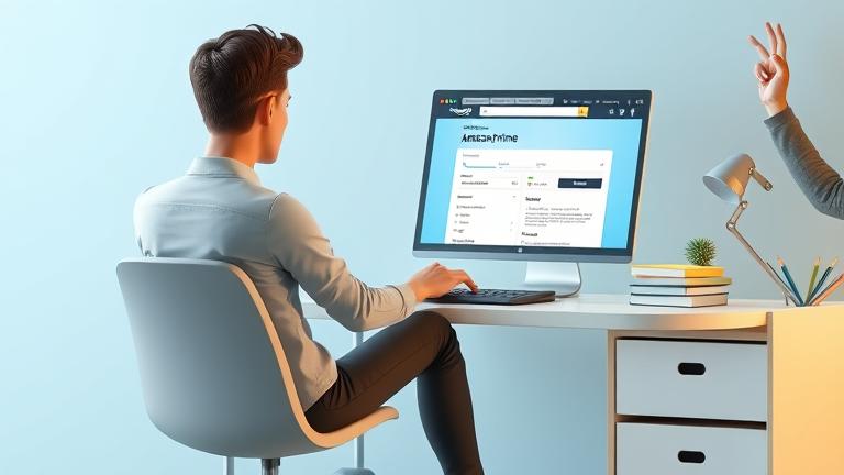 alt_text: Person cancels Amazon Prime on laptop, with Amazon logo and shopping bag in background.