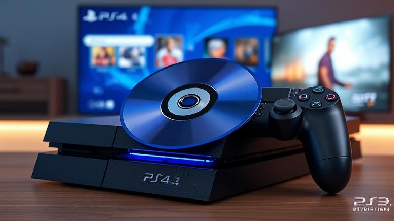alt_text: Realistic PS4 cover with disc insertion, vibrant interface, controller, and TV playback.