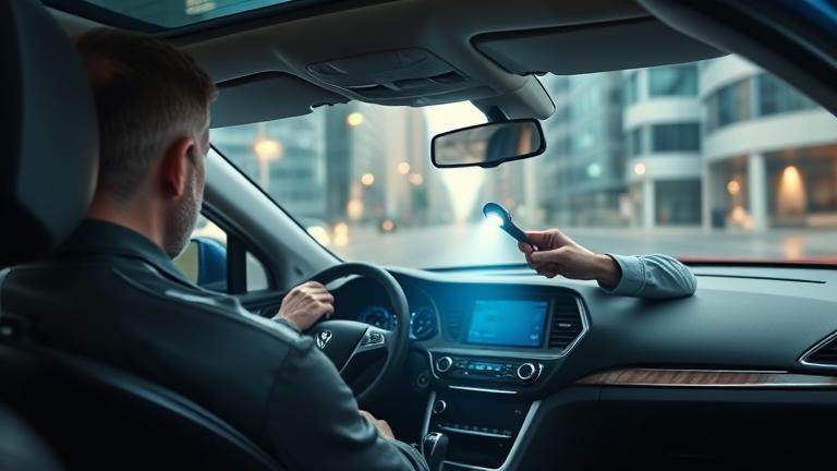 alt_text: Car with hidden bugs, owner inspecting for surveillance in urban setting, showing wiring and devices.