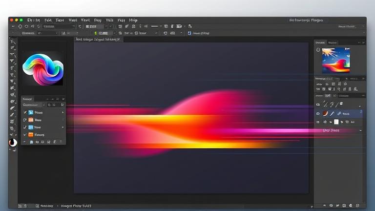 alt_text: Photoshop scene showing a colorful shape being moved freely with motion lines.