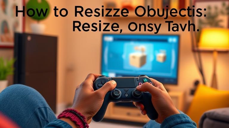 alt_text: Gamer resizing Sims 4 objects on PS4 in a cozy setup with game UI cues.