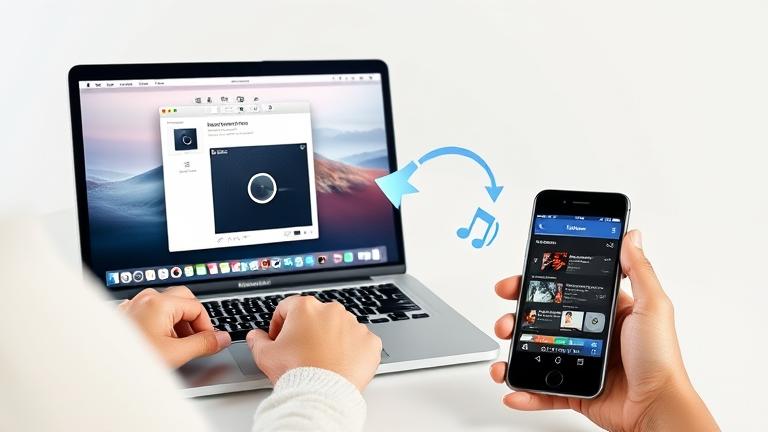alt_text: Person using MacBook with music transfer software, connecting wirelessly to Android device.