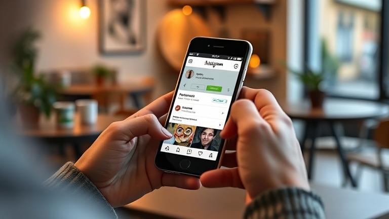 A person checks sent friend requests on Instagram in a cozy workspace, highlighting social connectivity.