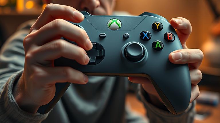 alt_text: Frustrated gamer holding Xbox controller with dying batteries, cozy gaming scene in warm light.