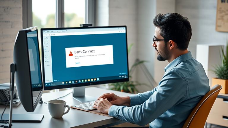 alt_text: Frustrated person at Windows 10 desktop with Slack's "Can't Connect" error, in an office setting.