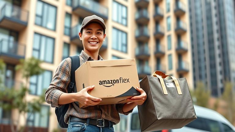 alt_text: Smiling delivery driver with Amazon Flex package in front of cityscape, inviting reapplication.
