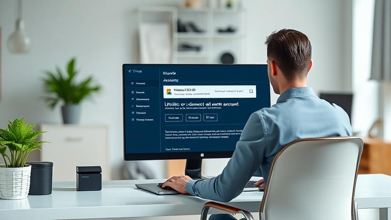alt_text: Person at desk in home office, disconnecting Microsoft account on Windows 10 settings.