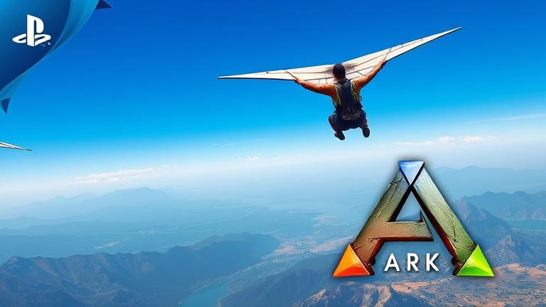 alt_text: Person in wingsuit flying over scenic landscape with PS4 elements and game title.