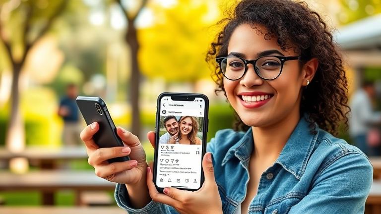alt_text: Person smiling and reaching out to a celebrity via Instagram outdoors with notifications visible.