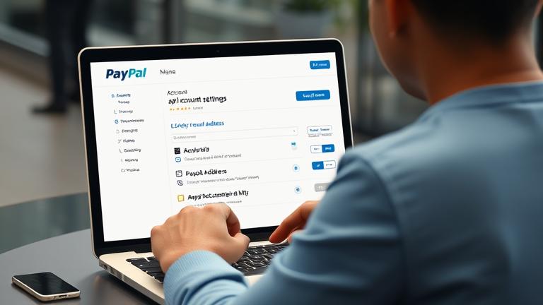 alt_text: Person managing PayPal account securely on laptop, focusing on email settings in a modern environment.